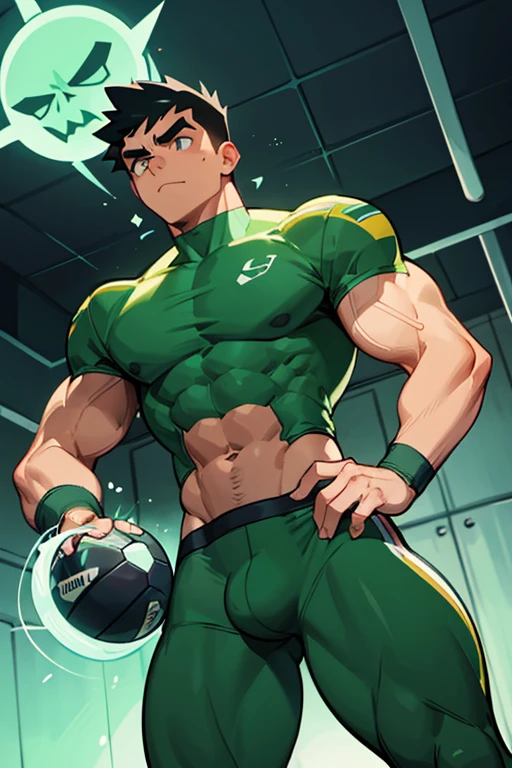 Danny Phantom, ghost, hypnosis, jock, conversion, locker room, hyper muscles, jockstrap, bro, meathead, hypnotized, brainwashed, brainwashing, big dumb jock, football. Danny Fenton is hypnotized by Dash to become another dumb football jock bro. Glowing green eyes. Hyper crotch bulge. Big biceps. Big triceps. Big traps. Broad shoulders. Big meaty pecs. Big thighs. Thick glutes. Football team assimilation. "Me? On the football team? With DASH? Are you crazy?! I would–! I would—! I ... I ... WOULD LOVE TO, BRO. Why didn't you ask me sooner...?" glazed expression. dumber and dumber. Dash sneers at him while he holds a glowing football whistle surrounded by a green aura in his hand.