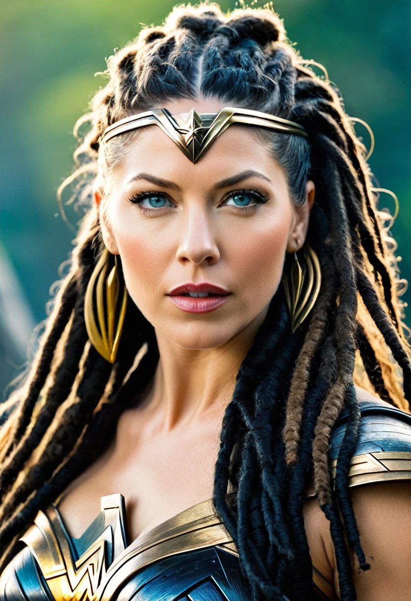 (((In extreme close-up, a woman with a mature face Katheryn Winnick under the mantle of the Amazon warrior Wonder Woman (((Dreadlocks black hair Largo))),Splash color images))),(((black hair))),(((Abundant hair)))