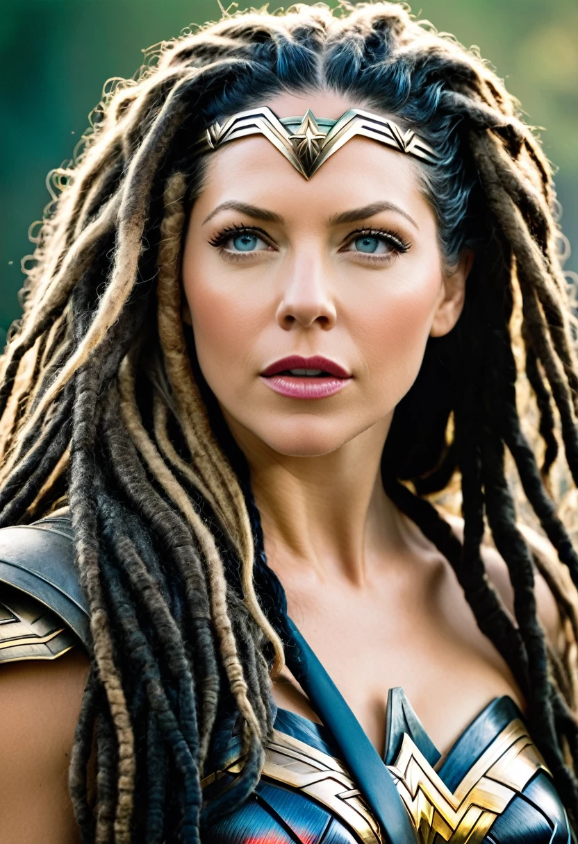 (((In extreme close-up, a woman with a mature face Katheryn Winnick under the mantle of the Amazon warrior Wonder Woman (((Dreadlocks black hair Largo))),Splash color images))),(((black hair))),(((Abundant hair)))