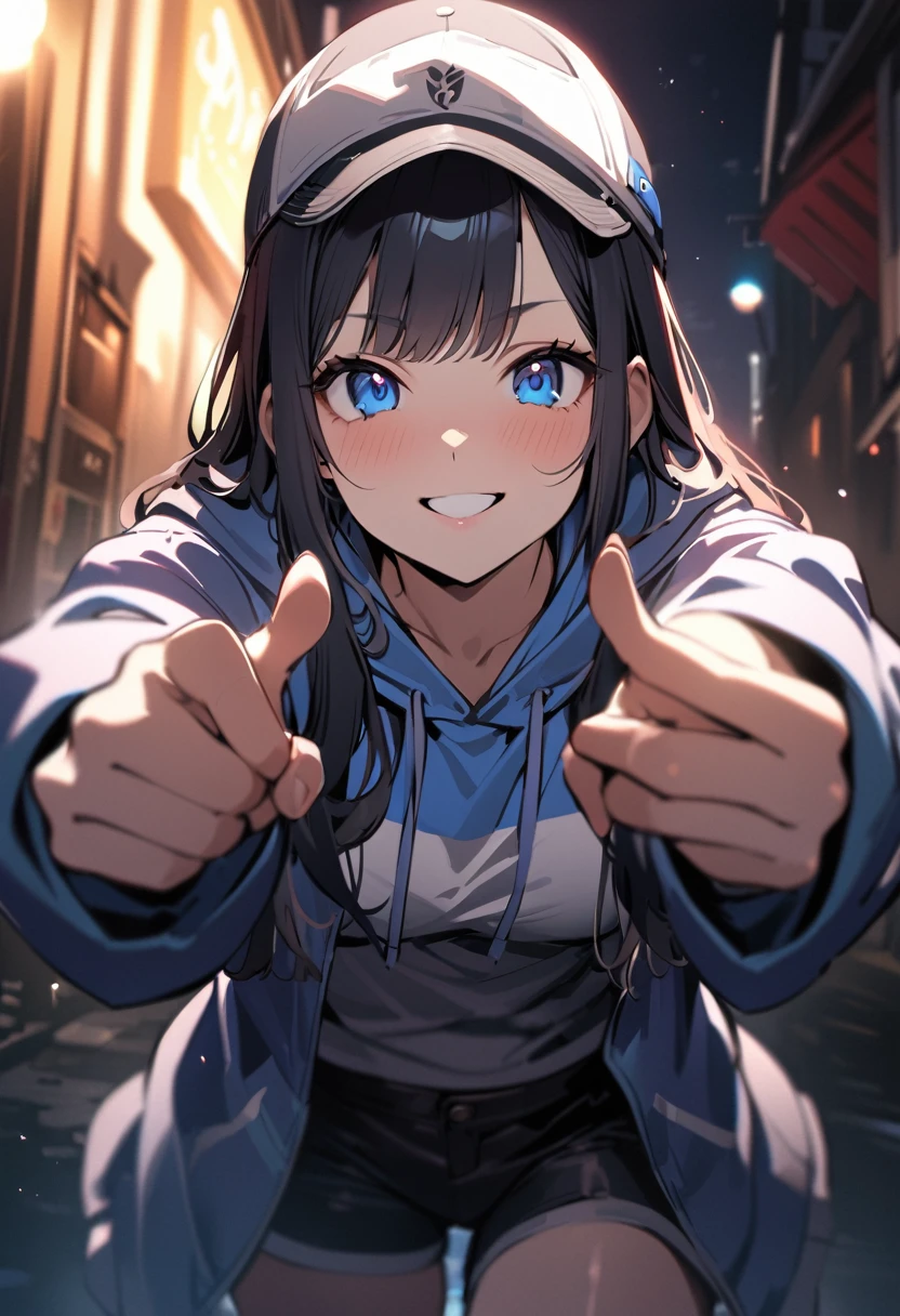 1 girl, long hair, black hair, straight hair, short bangs above brows, blue eyes, thumbs up, smile 
BREAK (masterpiece), (high resolution 8K), cinematic lighting, professional lighting, detailed eyes and face, detailed body, 
BREAK hoodie, shorts, cap, 
BREAK outdoors  
