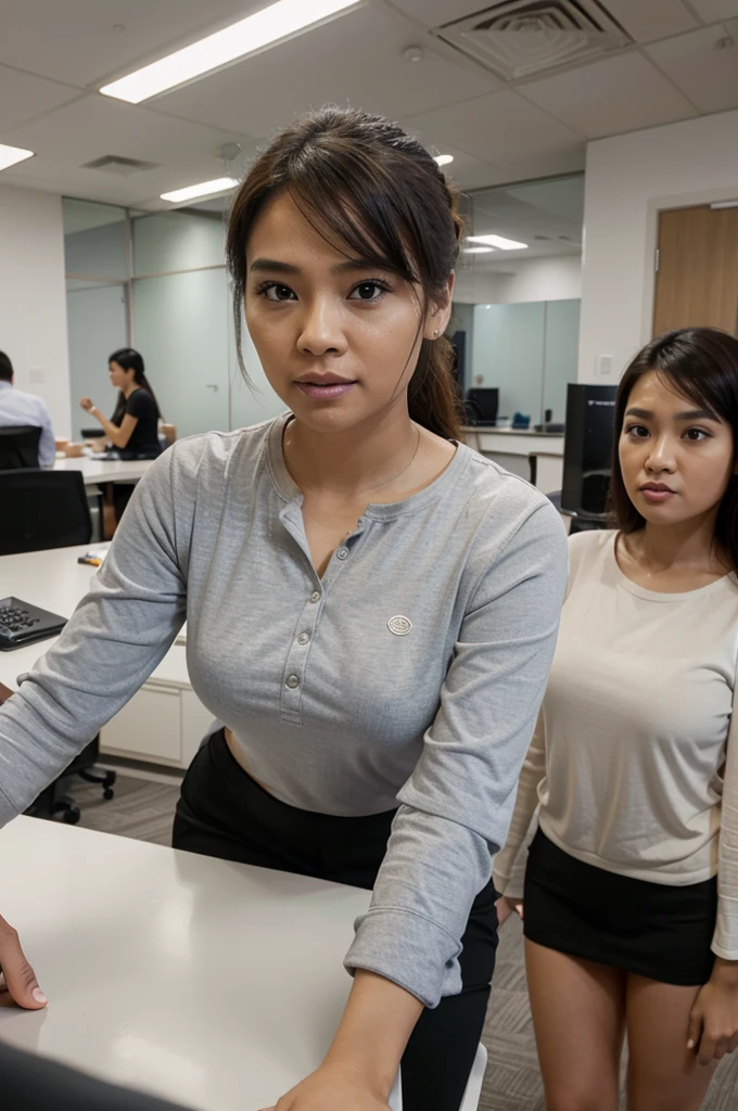 Create a hyper-realistic 8K HD thumbnail image for a LinkedIn campaign targeting real estate business owners and decision-makers in the USA, Australia, and New Zealand. The scene is set in a professional, modern BPO office in the Philippines. In the foreground, a trustworthy, relatable real estate professional in business attire is standing and yelling into a loudspeaker, facing the camera with an extremely expressive and realistic face, without any deformities or facial issues. In the background, there are attractive Filipina virtual assistants working at desks, clearly visible and engaged in their tasks. The overall design should be very clean, less cluttered, bright, engaging, and professional, with high clarity and sharpness. Ensure the entire image is highly detailed and visually appealing, suitable for a thumbnail that grabs attention.