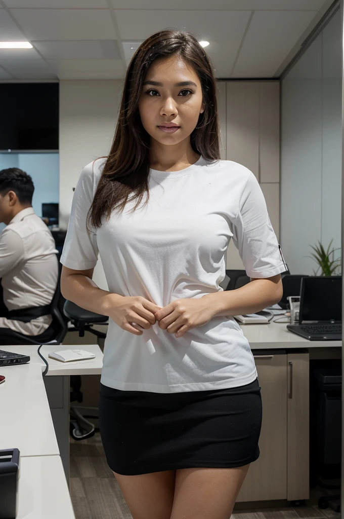 Create a hyper-realistic 8K HD thumbnail image for a LinkedIn campaign targeting real estate business owners and decision-makers in the USA, Australia, and New Zealand. The scene is set in a professional, modern BPO office in the Philippines. In the foreground, a trustworthy, relatable real estate professional in business attire is standing and yelling into a loudspeaker, facing the camera with an extremely expressive and realistic face, without any deformities or facial issues. In the background, there are attractive Filipina virtual assistants working at desks, clearly visible and engaged in their tasks. The overall design should be very clean, less cluttered, bright, engaging, and professional, with high clarity and sharpness. Ensure the entire image is highly detailed and visually appealing, suitable for a thumbnail that grabs attention.