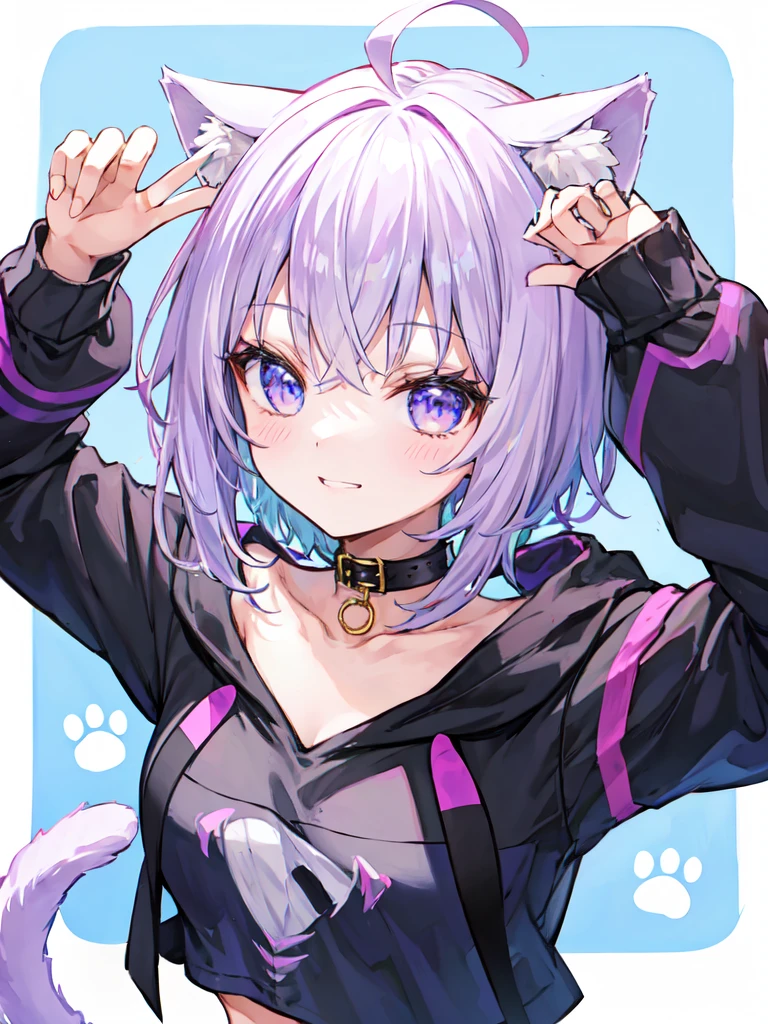 girl, 独奏,big, masterpiece, Highest quality, smile、Close-up of face、Smiling、kind、Full of Charity,aaokayu, short hair, ahoge, animal ears, cat tail, animal collar, black collar, collarbone, print hoodie, black hoodie, long sleeves, midriff, white pants