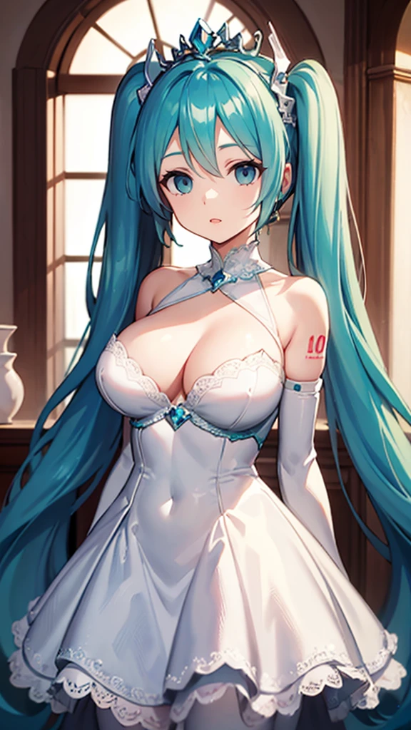 Hatsune Miku VOCALOID, Twin tails, Light blue hair, Bright Blue Eyes, Big Breasts, White Stockings, Beautiful Eyes, Animation painting, 1 Princess, Luxury Dresses, tiara, gown,