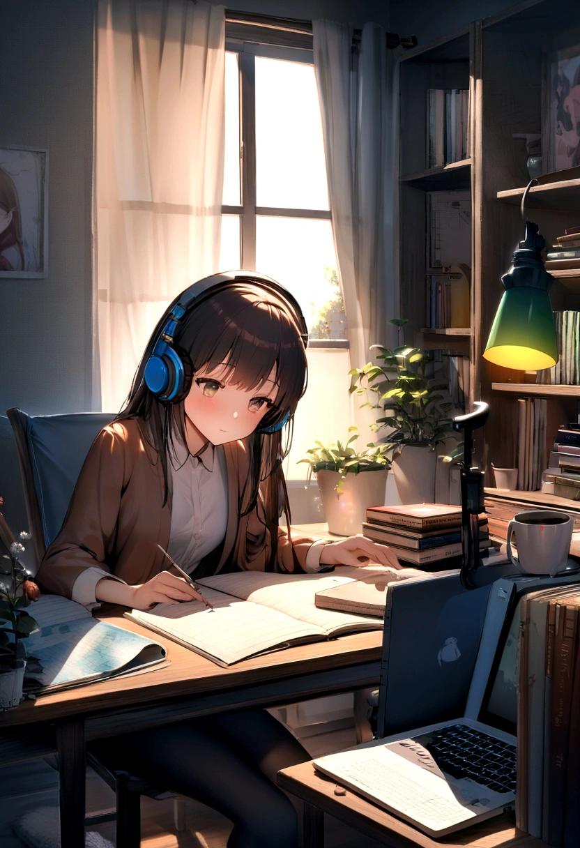 Inside a cozy room, immersed in studying, curtains are partially closed, Soft moonlight creates dancing shadows on the wall. A desk lamp casts a warm light on a desk piled with books., notebook and laptop. the person is sitting comfortably in a chair, Headphones that fit comfortably on your ears, connect her to the sonic world of her chosen music. while she was immersed in her studies、There is a faint smile on the lips, Get inspired by the notes that fill the air. fingers move in a coordinated manner, Laptop keyboard and note page switching, keep up with the rhythm of the music. The sound of music flows in smooth harmony., Create an immersive atmosphere. Each note seems to lift people's hearts., increase energy and concentration. She gently shook her head to the beat of the music., It's like being in your own world, I don't notice external worries. Music acts as a motivating force, Make study time more fun、make it exciting. The chords and lyrics blend into the calm atmosphere of the room.。, people absorb knowledge、Encouraging you to fall in love with the mystery of learning、creating a personal symphony. A scene depicting the unique fusion of solitary study and music, Transform the intimate environment of your bedroom into a learning space, and the music、Fuel your mind and spirit to achieve your academic goals。. HDR,8K,surreal,Beautiful soft light studio,vivid details,anatomical,elegant,sharp focus,studio photography,art station trends,very detailed,polarizing filter
