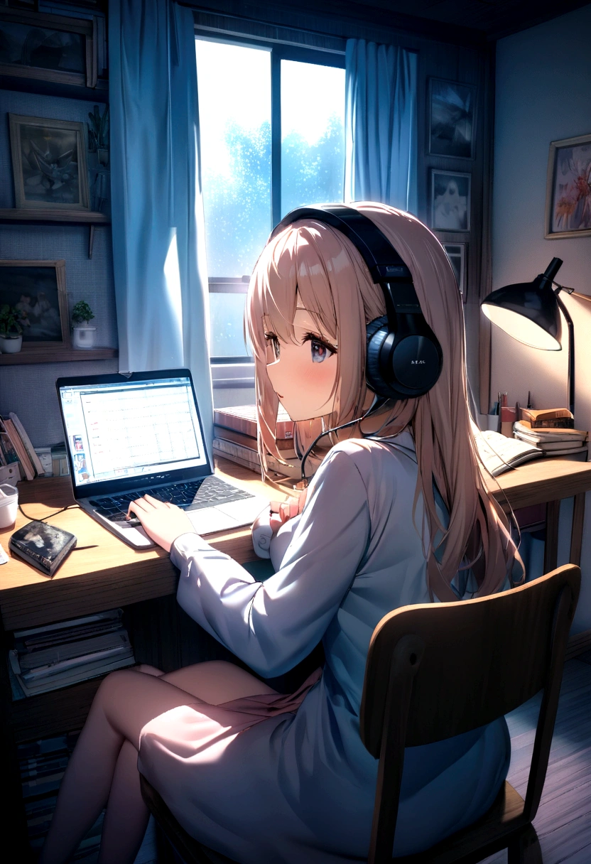 Inside a cozy room, immersed in studying, curtains are partially closed, Soft moonlight creates dancing shadows on the wall. A desk lamp casts a warm light on a desk piled with books., notebook and laptop. the person is sitting comfortably in a chair, Headphones that fit comfortably on your ears, connect her to the sonic world of her chosen music. while she was immersed in her studies、There is a faint smile on the lips, Get inspired by the notes that fill the air. fingers move in a coordinated manner, Laptop keyboard and note page switching, keep up with the rhythm of the music. The sound of music flows in smooth harmony., Create an immersive atmosphere. Each note seems to lift people&#39;s hearts., increase energy and concentration. She gently shook her head to the beat of the music., It&#39;s like being in your own world, I don&#39;t notice external worries. Music acts as a motivating force, Make study time more fun、make it exciting. The chords and lyrics blend into the calm atmosphere of the room.。, people absorb knowledge、Encouraging you to fall in love with the mystery of learning、creating a personal symphony. A scene depicting the unique fusion of solitary study and music, Transform the intimate environment of your bedroom into a learning space, and the music、Fuel your mind and spirit to achieve your academic goals。. HDR,8K,surreal,Beautiful soft light studio,vivid details,anatomical,elegant,sharp focus,studio photography,art station trends,very detailed,polarizing filter 
