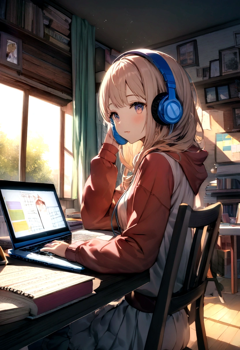 Inside a cozy room, immersed in studying, curtains are partially closed, Soft moonlight creates dancing shadows on the wall. A desk lamp casts a warm light on a desk piled with books., notebook and laptop. the person is sitting comfortably in a chair, Headphones that fit comfortably on your ears, connect her to the sonic world of her chosen music. while she was immersed in her studies、There is a faint smile on the lips, Get inspired by the notes that fill the air. fingers move in a coordinated manner, Laptop keyboard and note page switching, keep up with the rhythm of the music. The sound of music flows in smooth harmony., Create an immersive atmosphere. Each note seems to lift people's hearts., increase energy and concentration. She gently shook her head to the beat of the music., It's like being in your own world, I don't notice external worries. Music acts as a motivating force, Make study time more fun、make it exciting. The chords and lyrics blend into the calm atmosphere of the room.。, people absorb knowledge、Encouraging you to fall in love with the mystery of learning、creating a personal symphony. A scene depicting the unique fusion of solitary study and music, Transform the intimate environment of your bedroom into a learning space, and the music、Fuel your mind and spirit to achieve your academic goals。. HDR,8K,surreal,Beautiful soft light studio,vivid details,anatomical,elegant,sharp focus,studio photography,art station trends,very detailed,polarizing filter