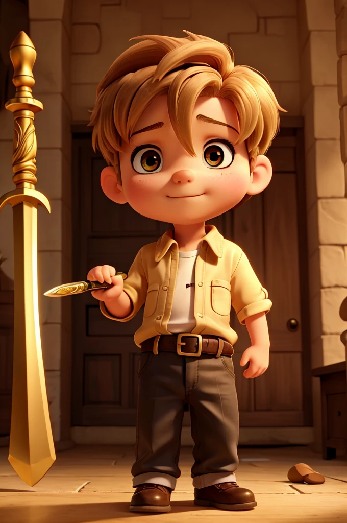 little boy with short golden hair, golden eyes, with a sword