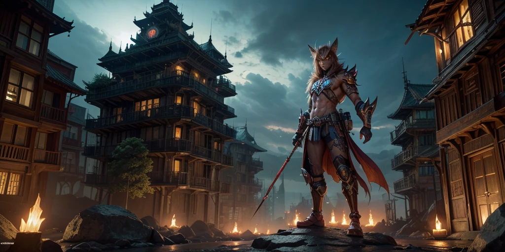 Ancient anime style, artbook, comicbook, RPG, futuristic medieval. Goblin fox warrior, dark red skin, with human face with light red glowing tribal magical tattoos, goblin base with fox features, neon details, with technological tribal armor with glowing magical markings, full body, bare feet, spear with magical markings shiny. Epic scene, wide and deep scenery, with several depth planes, stylish and dynamic pose. In the middle of a magical steampunk technological village, mixing technology and vegetation, buildings with neon details and glowing magical vegetation, magical technological airships with shiny details inspired by ships flying in the sky.