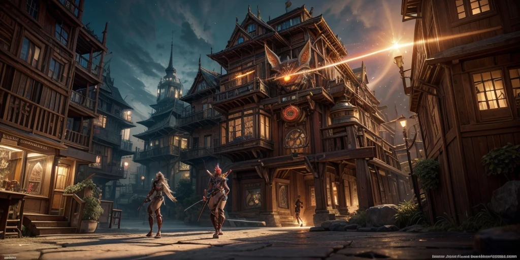 Ancient anime style, artbook, comicbook, RPG, futuristic medieval.  Goblin fox warrior, dark red skin, with human face with light red glowing tribal magical tattoos, goblin base with fox features, neon details, with technological tribal armor with glowing magical markings, full body, bare feet, spear with magical markings shiny.  Epic scene, wide and deep scenery, with several depth planes, stylish and dynamic pose.  In the middle of a magical steampunk technological village, mixing technology and vegetation, buildings with neon details and glowing magical vegetation, magical technological airships with shiny details inspired by ships flying in the sky.