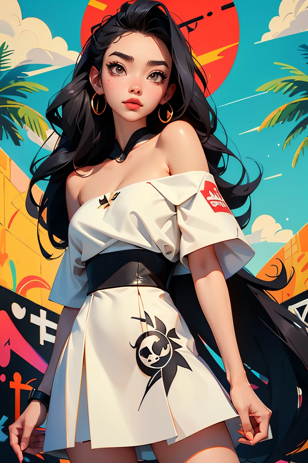 Flat Illustration artwork, ((Angelababy)) in a strapless dress standing in front of simple background, up close, wear dark sunglasses, korean pop-star, big smile, black hair, pretty hands, fringe, simple red background, palm trees, (graffiti wall:1.2), ((Art style by Patrick Nagel)), ((8k, wallpaper, detailed)), strong, courageous, art by Patrick Nagel, music album art cover