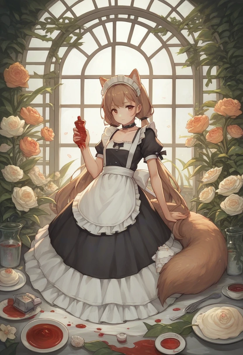 score_9, score_8_superior, score_7_superior, score_6_superior, score_5_superior, score_4_superior, sauce_anime, It 1, flower, twintails, low twintails, Very long hair, tail, dog tail, choker, Maid's Headdress, Black kimono, Wide sleeves, Frills, heart, White apron, Sleeves are longer than the wrist, skirt, red skirt, East Asian architecture, cherry blossoms