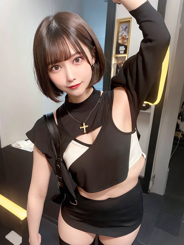 1 woman,short hair,brown hair,yellow eyes,Wear a black cropped waist dress.,Wear a black miniskirt.,Wear a small cross necklace.,Put on the bracelet.,Wear a small collar,Light makeup,Smiling, turning towards the camera,Wear black stockings,Not a bra,Not wearing underwear,There is a leg brace.