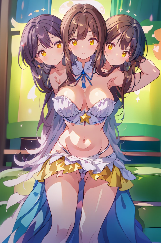 (masterpiece, best quality), best quality, (ultra-detailed), (3heads:1.5), 1girl, (star sapphire:1.3), masterpiece, best quality, ultra quality, ultra resolution, ultra detail, white top, crop top, ((stomach)), midriff, ((groin)), open midriff, white and blue skirt, miniskirt, normal ears, shackles, dark brown hair, very long hair, wavy hair, sidelocks, yellow eyes, detailed eyes, parted lips, fairy wings, sweat, cute, open belly, toned belly, hand on own chest, eyelashes, (24 year old woman:1.3), (masterpiece:1.5), (best quality:1.5), (beautiful detailed), extremely detailed CG, extremely delicate and beautiful, depth of field, (finely detailed face), (perfect details:1.2), (mature female:1.3), wide pelvis, slender, large veiny breast, 16k resolution, highres, high quality, high definition, extremely detailed, masterpiece, dark brown hair, long hair, alluring presence, braid, short skirt, miniskirt, close up, very big tits, huge tits, young, blue ribbon attached to the hair, butterfly-shaped wings, open belly, midriff, nsfw, bare stomach, girl with three heads,