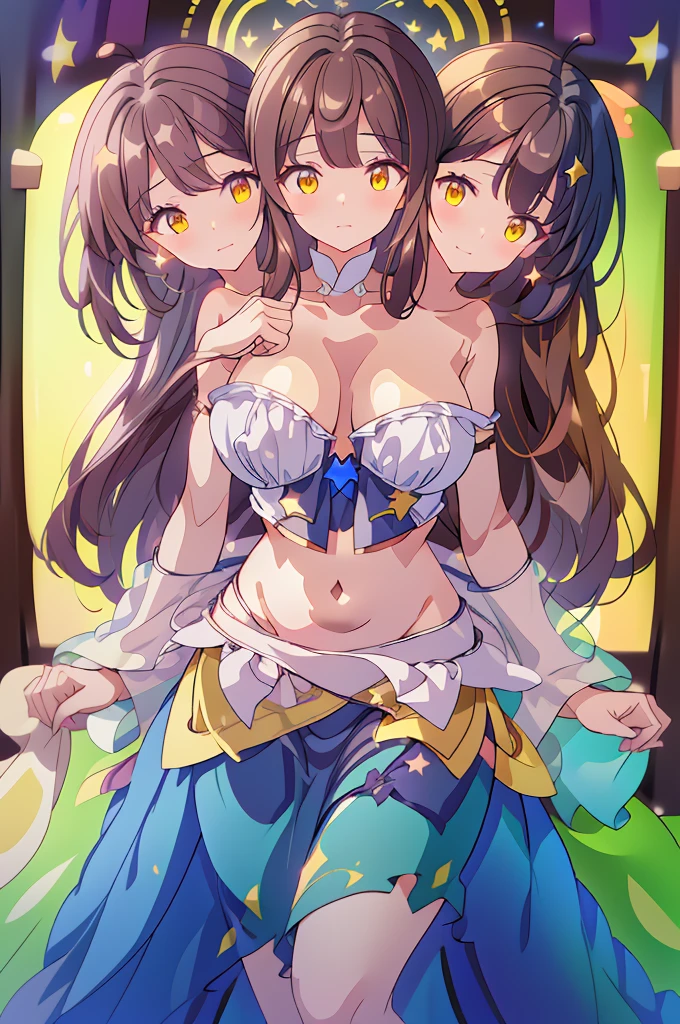 (masterpiece, best quality), best quality, (ultra-detailed), (3heads:1.5), 1girl, (star sapphire:1.3), masterpiece, best quality, ultra quality, ultra resolution, ultra detail, white top, crop top, ((stomach)), midriff, ((groin)), open midriff, white and blue skirt, miniskirt, normal ears, shackles, dark brown hair, very long hair, wavy hair, sidelocks, yellow eyes, detailed eyes, parted lips, fairy wings, sweat, cute, open belly, toned belly, hand on own chest, eyelashes, (24 year old woman:1.3), (masterpiece:1.5), (best quality:1.5), (beautiful detailed), extremely detailed CG, extremely delicate and beautiful, depth of field, (finely detailed face), (perfect details:1.2), (mature female:1.3), wide pelvis, slender, large veiny breast, 16k resolution, highres, high quality, high definition, extremely detailed, masterpiece, dark brown hair, long hair, alluring presence, braid, short skirt, miniskirt, close up, very big tits, huge tits, young, blue ribbon attached to the hair, butterfly-shaped wings, open belly, midriff, nsfw, bare stomach, girl with three heads,