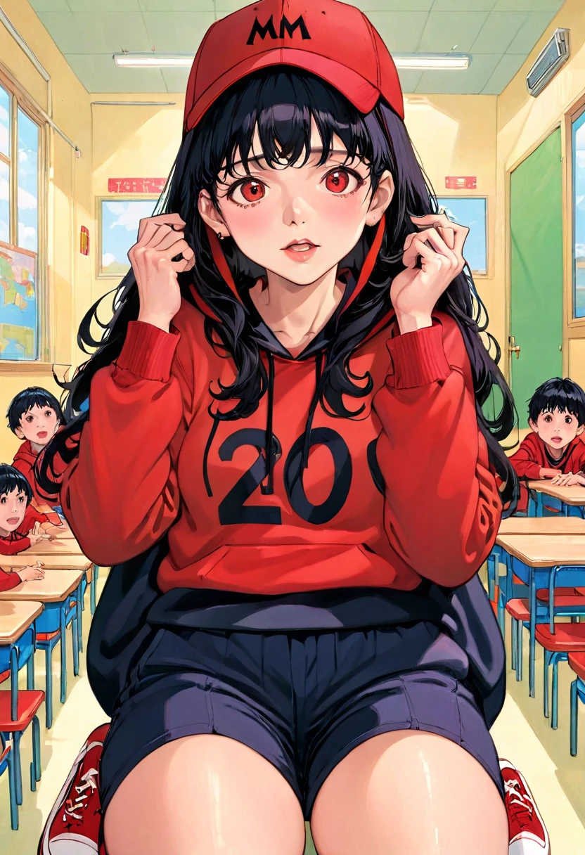 (masterpiece), best quality, expressive eyes, perfect face, a man get transformed into a MILF, solo, surpriced, blushed, black hair, long hair, red baseball cap, brown eyes, (full body), tight clothes, in a kindergarten, chubby, big . black shirt, red hoodie, ecchi, nsfw