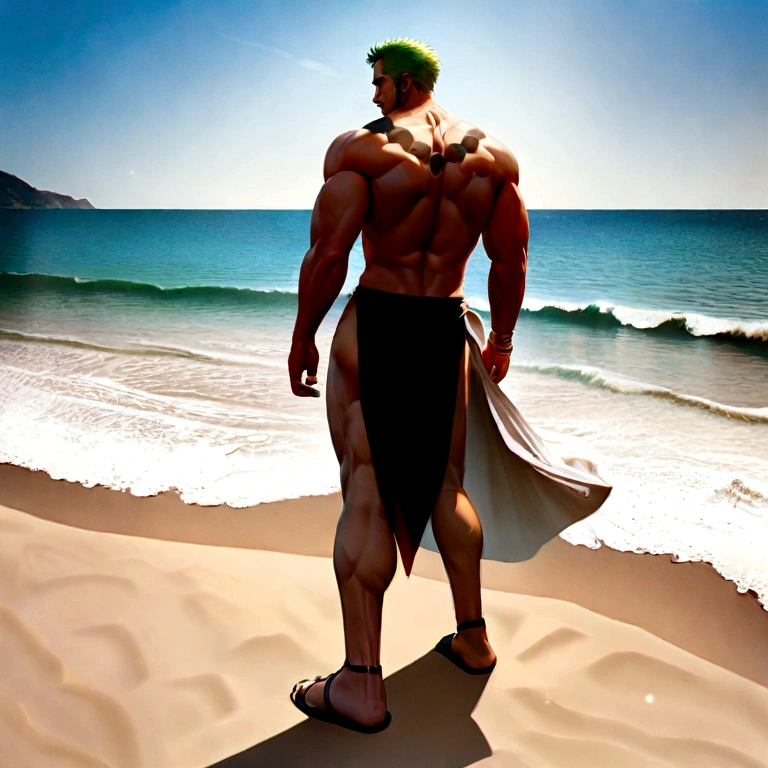 A close-up of a man in black briefs and sandals, loincloth, wearing loincloth, loin cloth, Shirtless :: High detail, in clothes! Highly detailed, sarong, Roronoa Zoro, Eiichiro Oda style, SNK, from one piece, handsome guy in demon killer art, Semi-realistic, Half realistic, on  the  beach