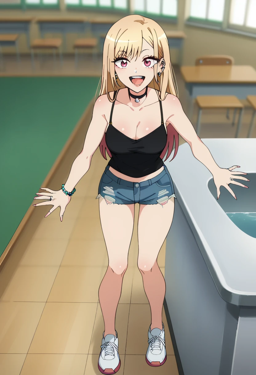 score_9, score_8_above, score_7_above, fountain_cheered up,
marina kitagawa,
1 girl, SMILE, aboveper teeth only,
multicolor fur, wide, magenta eyes, ear piercing, earrings, some roses, makeabove, white sneakers
Marin denim Shorts, Beaded Bracelet, black choker, neck bell, ring,  black top, his mang, small denim shorts standing, looking at the viewer, hands on one's ,
inside, classroom, blurred background