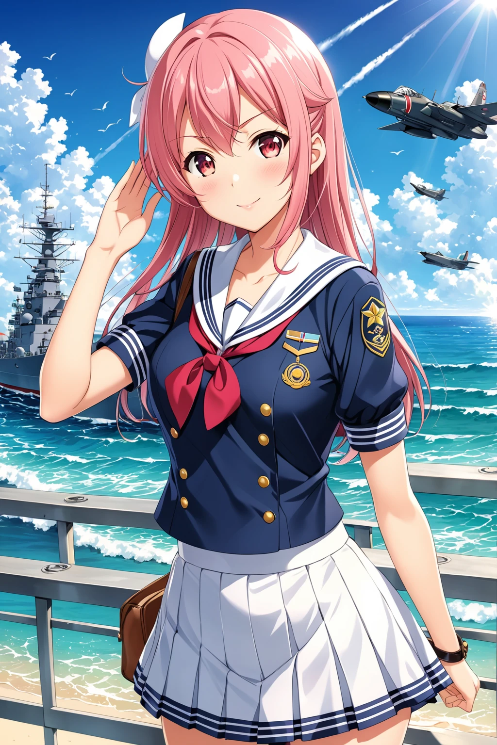 (Ultra-detailed illustrations:1.2),salute,Anime Girls in sailor outfit standing on beach with sun shining, Kantai Collection Style, Cute girl anime visuals, Beautiful anime school girl, junko enoshima, Smooth anime CG art, maAlso kitagawa fanart, Official Artwork, attractive Anime Girls, (Anime Girls), Also, Official Art, Fine details. Girls&#39; Frontline, Anime Best Girl, portrait Anime Girls