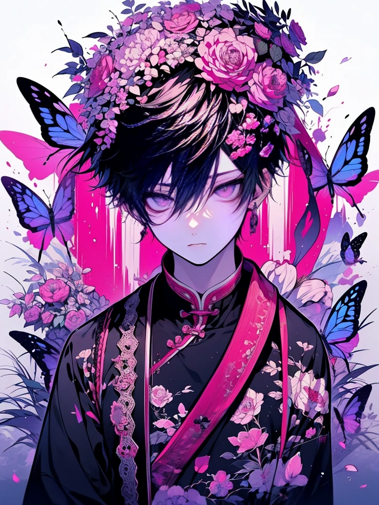 长着蝴蝶翅膀的anime boy坐在地上,Short pink hair,Eye,Black short-sleeved T-shirt,Tear mole,Butterflies fluttered around him, Aesthetically cute and elegant, The handsome guy in Demon Slayer, anime boy, High-quality anime art style, Male anime style, The exquisite prince, best anime 4k konachan wallpaper, Anime Wallpaper, male anime character, Young anime man, Cool anime poses, Official Fanart