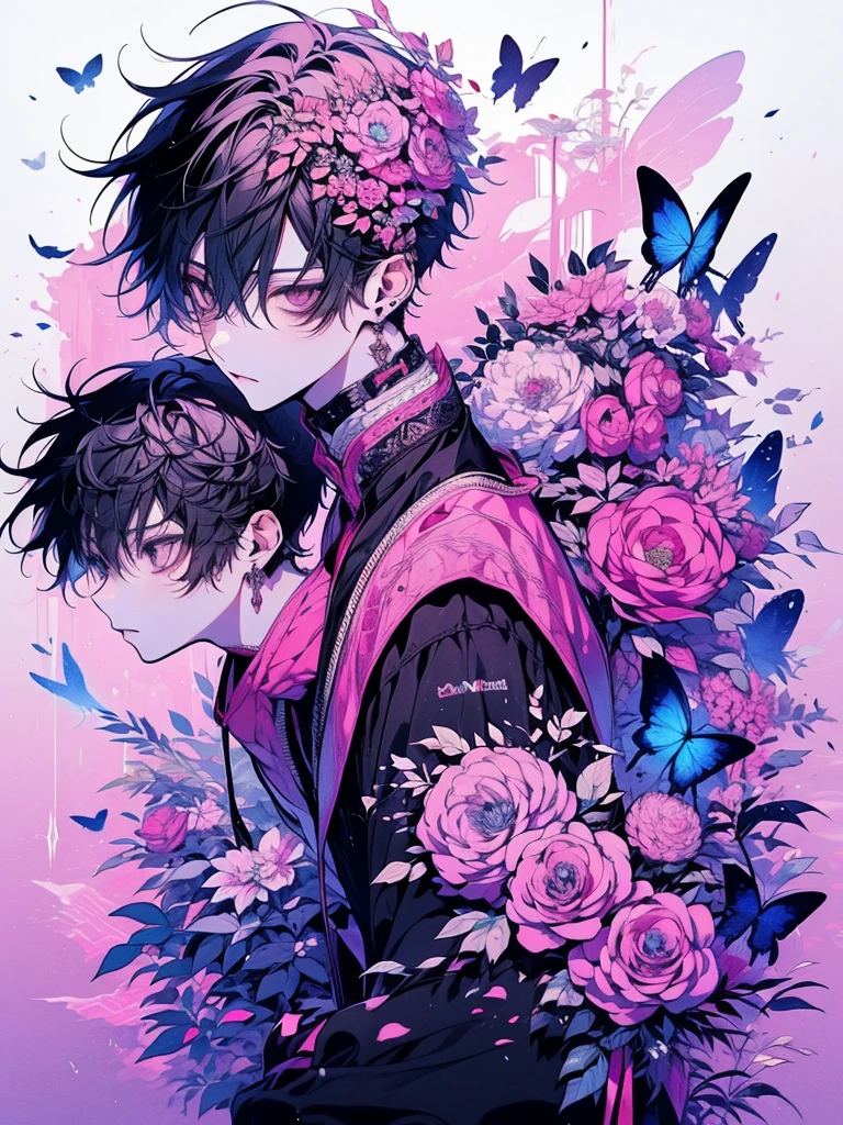 长着蝴蝶翅膀的anime boy坐在地上，Short pink hair，Eye，Black short-sleeved T-shirt，Tear mole，Butterflies fluttered around him, Aesthetically cute and elegant, The handsome guy in Demon Slayer, anime boy, High-quality anime art style, Male anime style, The exquisite prince, best anime 4k konachan wallpaper, Anime Wallpaper, male anime character, Young anime man, Cool anime poses, Official Fanart