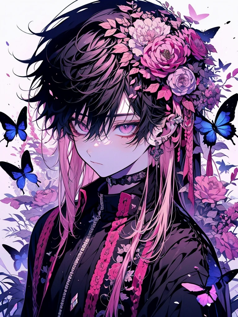 长着蝴蝶翅膀的anime boy坐在地上,Short pink hair,Eye,Black short-sleeved T-shirt,Tear mole,Butterflies fluttered around him, Aesthetically cute and elegant, The handsome guy in Demon Slayer, anime boy, High-quality anime art style, Male anime style, The exquisite prince, best anime 4k konachan wallpaper, Anime Wallpaper, male anime character, Young anime man, Cool anime poses, Official Fanart