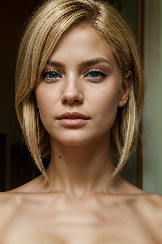 blond hair woman 25 years latino ameriquaine lip luscious light green eyes ultra realistic haircut like lagartha