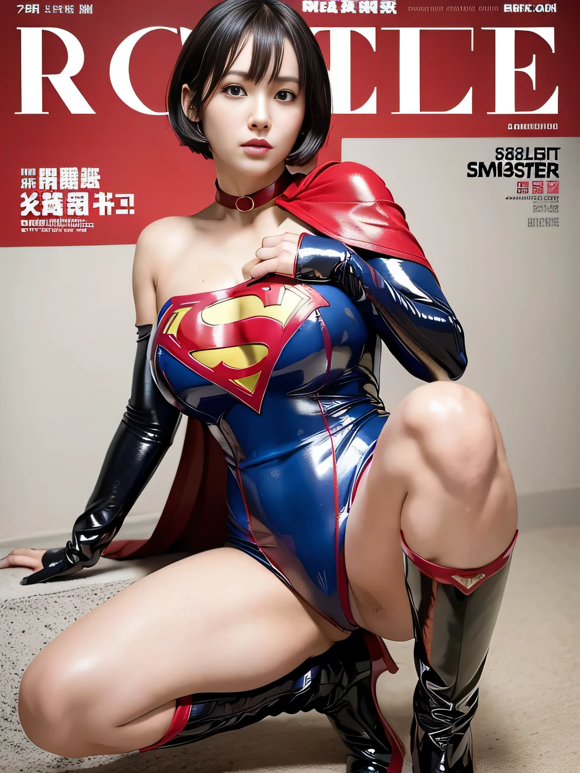 masterpiece、Enamel Supergirl Costume、short hair、Patent leather long boots、Big and ample breasts、shiny sweaty skin、looking at the camera、choker、Long sleeve、Sexy poses to seduce、Off the shoulder、latex、from right in front、athlete、Racing Bloomers、Red Cape、Muscle training、Leg spread、Photo magazine cover、