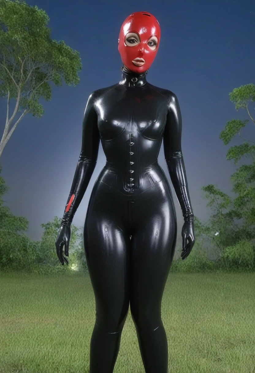 zPDXL, source_anime, BREAK slave Trilla, LATEX helmet with red translucent visor, , armor,black gloves,(tight silver bodysuit),,black pants, BREAK close-up, solo, standing, front view, medium breasts, , wide hips, BREAK x3dce, 3d, jungle background, dense vegetation, rain, night, night sky,