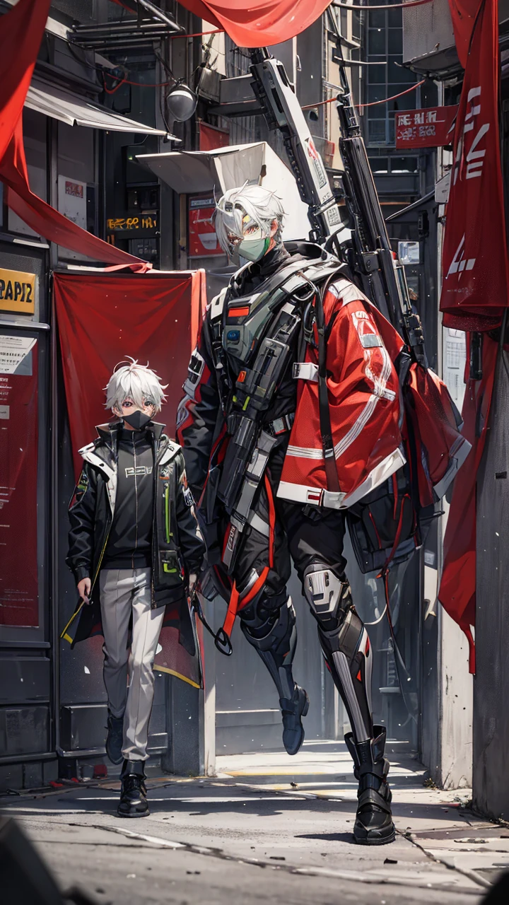 Futuristic male boy with grey mask green eyes in city full body