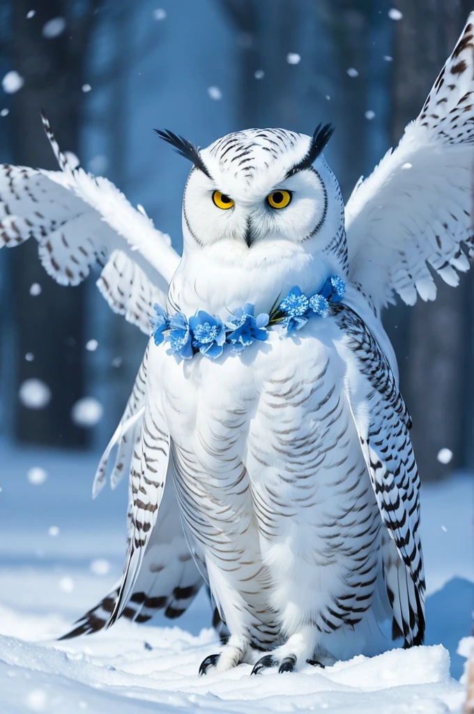 A creature that combines a snowy owl and a nemophila flower
