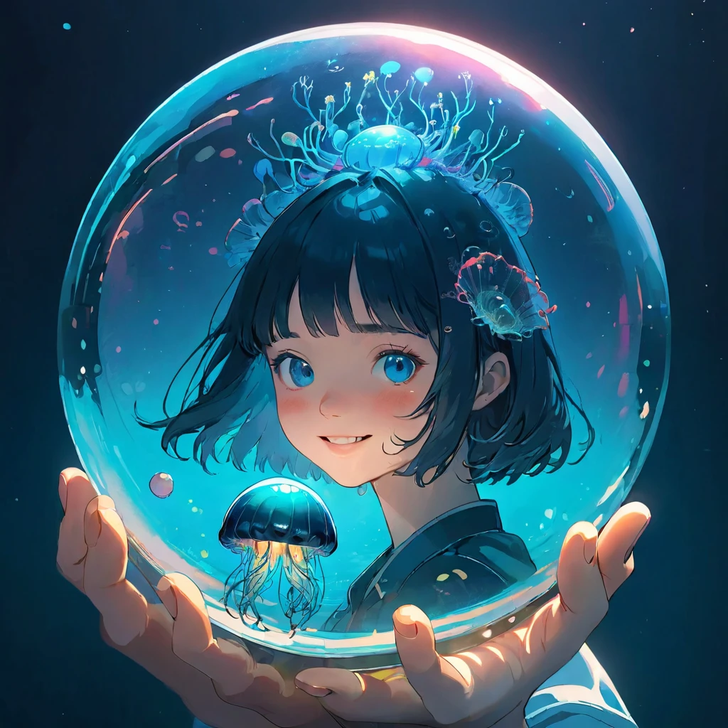 finely detailed illustration, vibrant color,High resolution、8k、pretty girl、One beautiful girl、happy smile、Perfect and detailed eye drawing、Highest quality、masterpiece、detailed eye and face, A person holding a glass ball with a jellyfish inside, Hologram by Beeple, Trending on CGSociety, magical realism, Cyberpunk Jellyfish, Cyberpunk Blue Lens Effect, Jellyfish Shrine Maiden, Digital Artレンダリング, Artem Demra Beeple, Spectacular concept art. Bokeh, Digital Art