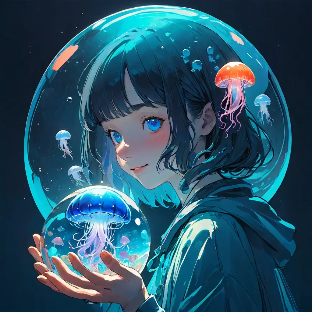 finely detailed illustration, vibrant color,High resolution、８ｋ、pretty girl、One beautiful girl、happy smile、Perfect and detailed eye drawing、Highest quality、masterpiece、detailed eye and face, A person holding a glass ball with a jellyfish inside, Hologram by Beeple, Trending on CGSociety, magical realism, Cyberpunk Jellyfish, Cyberpunk Blue Lens Effect, Jellyfish Shrine Maiden, Digital Artレンダリング, Artem Demra Beeple,  Spectacular concept art. Bokeh, Digital Art