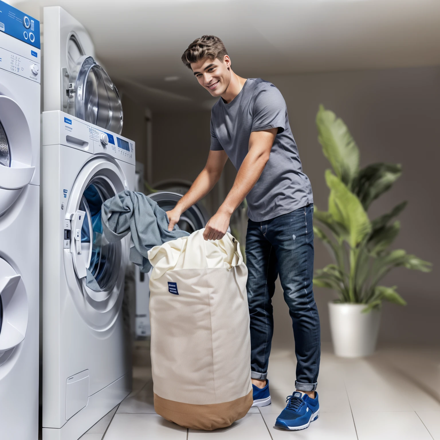 araffe man loading a laundry bag from a washing machine, Product introduction photos, product photo, in a laundry mat, Superior appearance, Business photo, Product Image, Have a great time, Clean and tidy, Clear images, Rich details, Product introduction photoss, professional product photo, washing machine, Dirty clothes, 官方Product Image, Fine details, Clear details