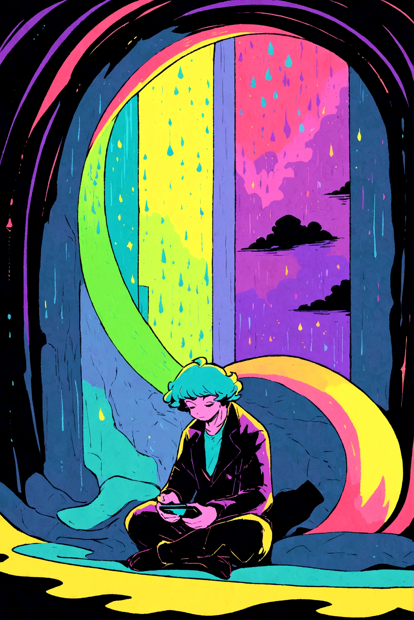 European hippie man meditating in room, dream on, Looking at the smartphone , nightlight， Neon landscape on a rainy Day, retrospective, Flat, 2.5 days ,Draw a line, Large slope, Gus color, In Studio Ghibli style, Outer tons, Krautrock, lofi art,  70s style,Old textures, amplitude,Psychedelic atmosphere, tmasterpiece, Technically sophisticated,
