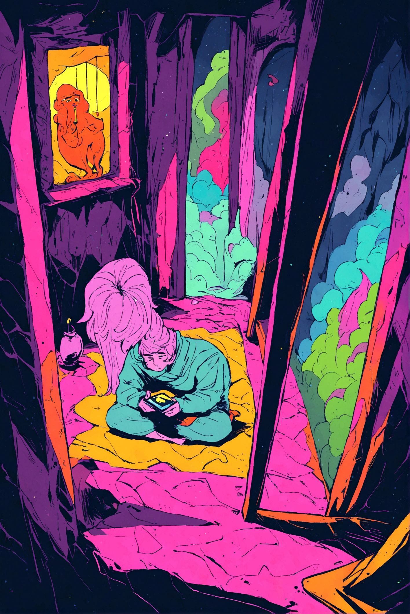 European hippie man meditating in room, dream on, Looking at the smartphone , nightlight, Neon landscape on a rainy Day, retrospective, Flat, 2.5 days ,Draw a line, Large slope, Gus color, In Studio Ghibli style, Outer tons, Krautrock, lofi art, 70s style,Old textures, amplitude,Psychedelic atmosphere, tmasterpiece, Technically sophisticated,