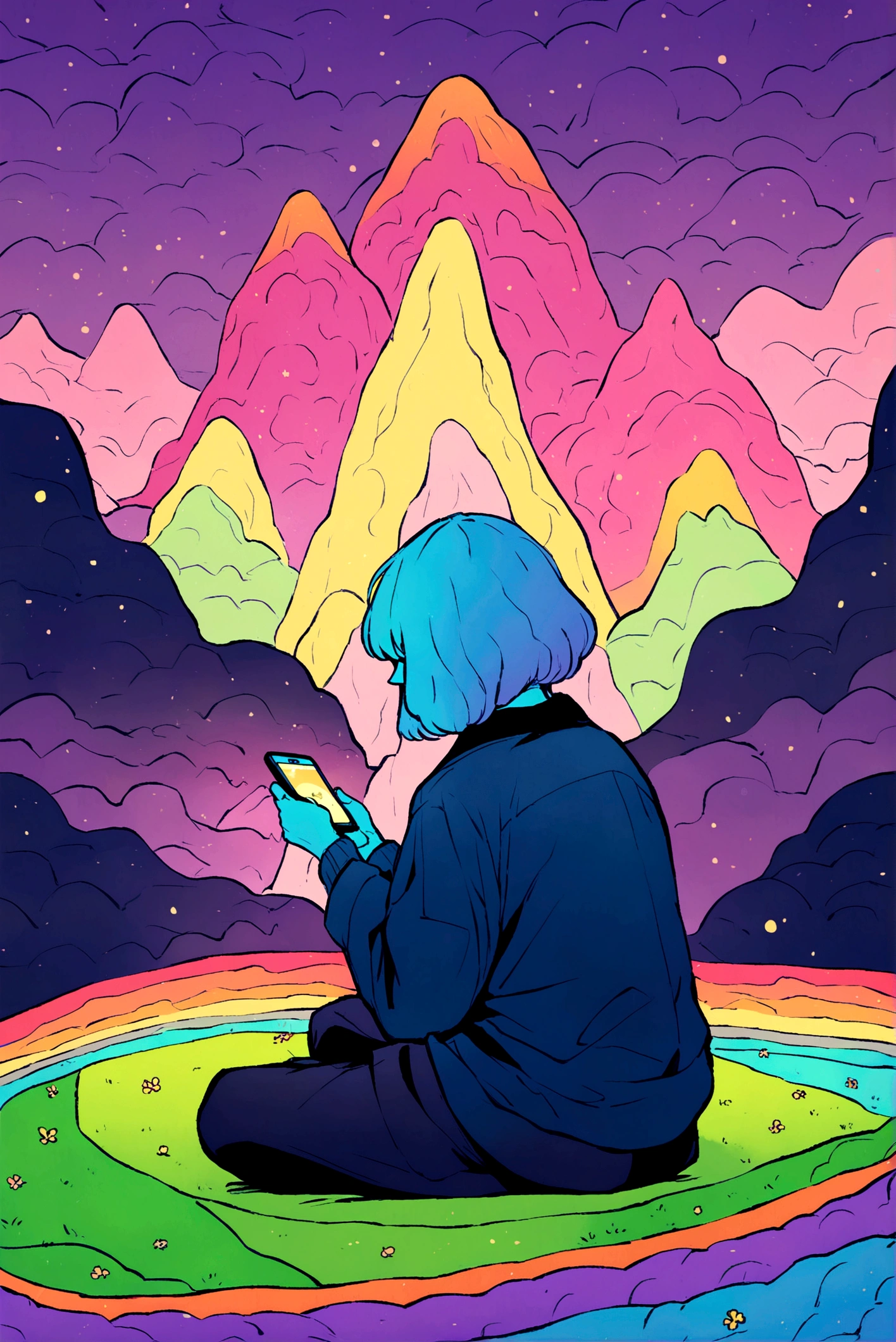 European hippie man meditating in room, dream on, Looking at the smartphone , nightlight, Neon landscape on a rainy Day, retrospective, Flat, 2.5 days ,Draw a line, Large slope, Gus color, In Studio Ghibli style, Outer tons, Krautrock, lofi art, 70s style,Old textures, amplitude,Psychedelic atmosphere, tmasterpiece, Technically sophisticated,