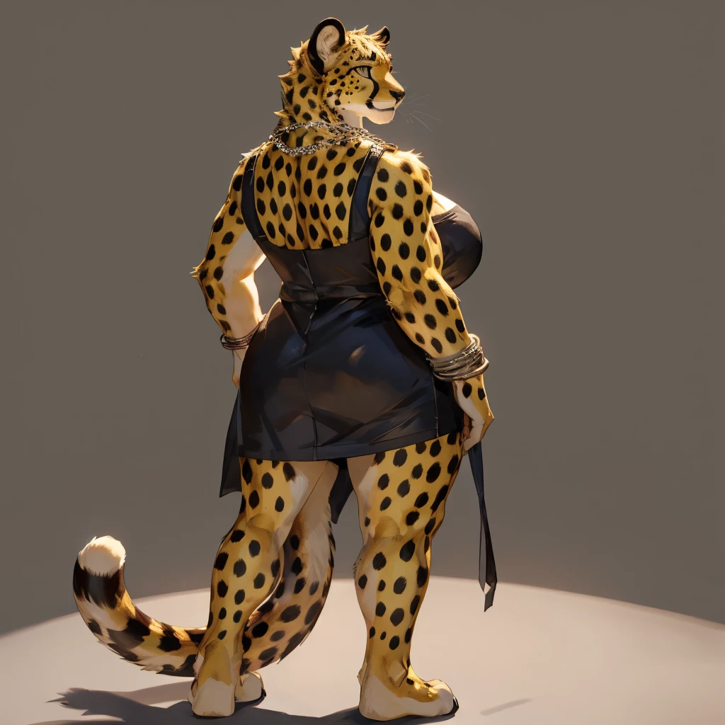 Solo, female, fat, cheetah, golden yellow, golden yellow cheetah, cheetah in underwear, black underwear, cheetah ears, from back, back view, posing, with long tail, tail, cheetah tail, cheetah, cheetah tail, anatomy, good anatomy, fat anatomy, fat female anatomy, fat body, ((focus body, furry focus, shadows focus, body shadows)) fat body, standing, posing, model, light, shades, 4k, high quality (((gray background, gray wallpaper, one color))), by darkgem, by mystikfox61, Female cheetah, fat, fat belly, fat thighs, fat arms, lovehandles, big breasts, silver eyes, golden yellow fur, black cheetah markings, silver earrings, silver bracelets, silver rings, silver necklaces, silver dress,