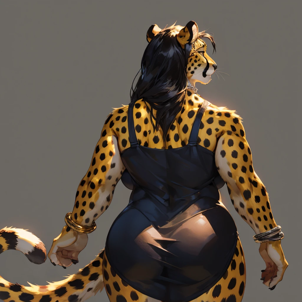 Solo, female, fat, cheetah, golden yellow, golden yellow cheetah, cheetah in underwear, black underwear, cheetah ears, from back, back view, posing, with long tail, tail, cheetah tail, cheetah, cheetah tail, anatomy, good anatomy, fat anatomy, fat female anatomy, fat body, ((focus body, furry focus, shadows focus, body shadows)) fat body, standing, posing, model, light, shades, 4k, high quality (((gray background, gray wallpaper, one color))), by darkgem, by mystikfox61, Female cheetah, fat, fat belly, fat thighs, fat arms, lovehandles, big breasts, silver eyes, golden yellow fur, black cheetah markings, silver earrings, silver bracelets, silver rings, silver necklaces, silver dress,