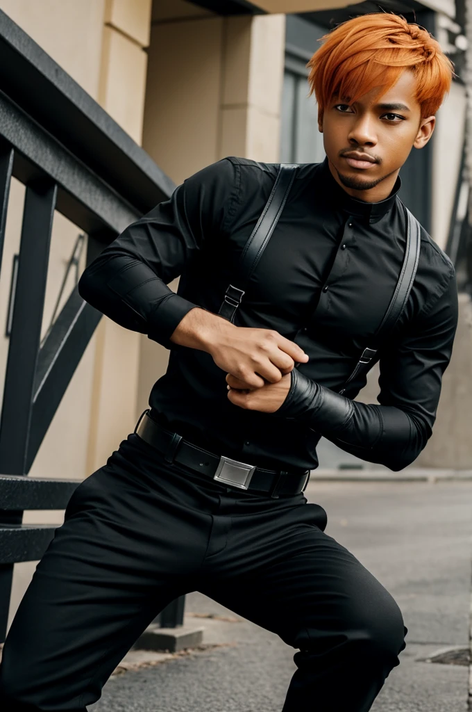 A man, black shirt, black gloves, anime, short hair, Orange hair, black pantaloon, blond, Without beard,