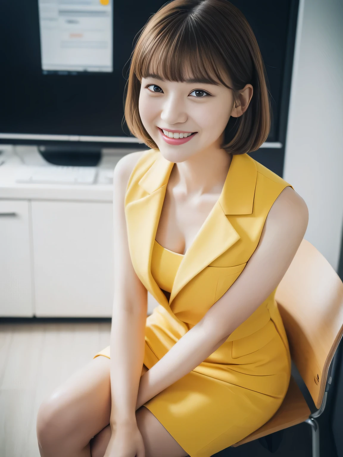 ((Highest quality, 8K, masterpiece: 1.3)), beautiful girl, Pure, Melon face, Kind and cute, sweet smile, Pure desire, Slender body, (front), (Tilt your head), ((Looking into the camera)), Yellow office suit and short skirt, Black Short Hair, Flowing shoulders, big, round, Iris, clear, Big eyes, Moist red lips, sweet, Sitting in the office, Bodies facing random directions, (whole body),