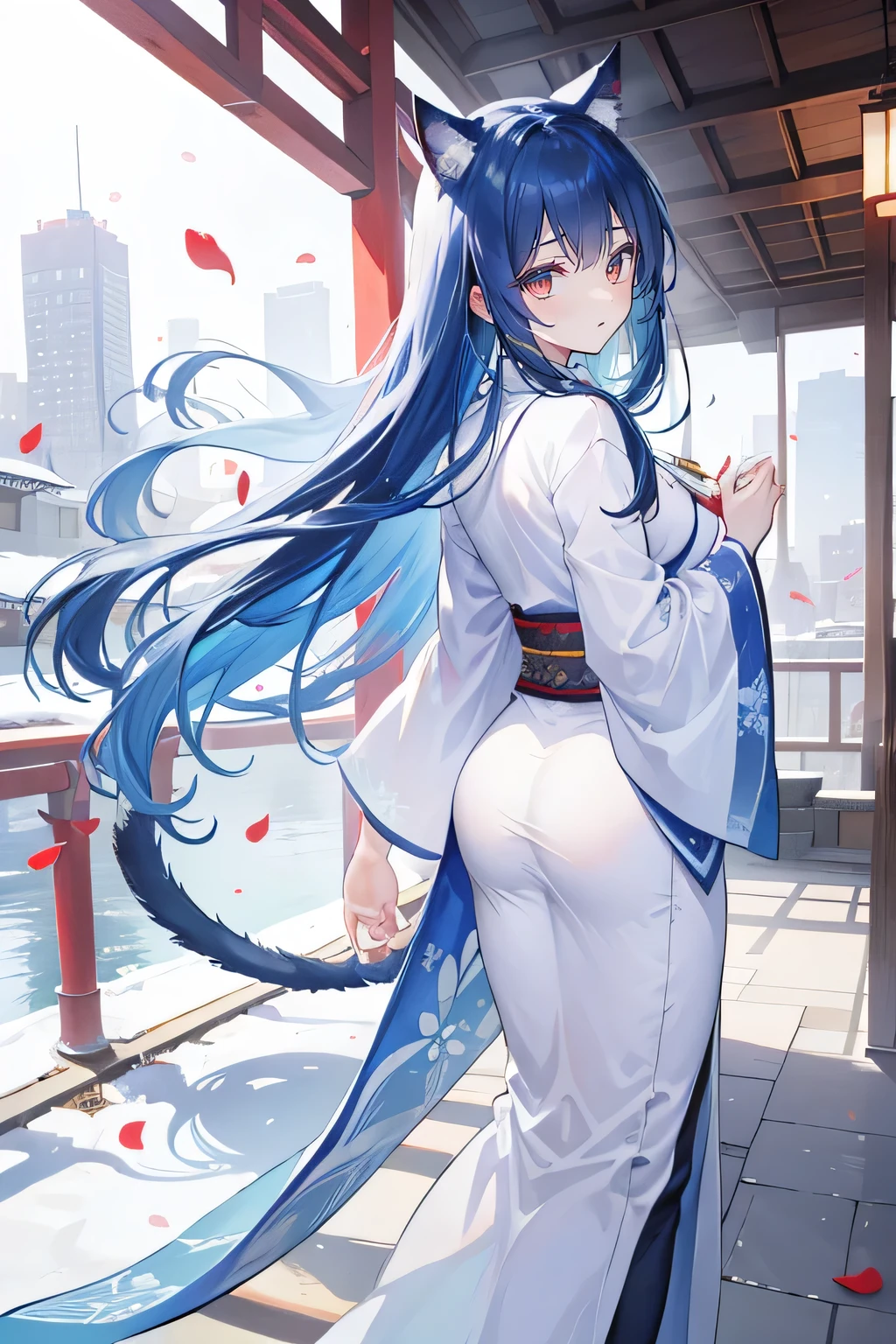 （masterpiece：1.2），Super detailed，lifelike，Expressive eyes，fair skin，perfect face shape，1 girl，
Japanese comics,Gorgeous blue hair,flowing blue hair,flowing clothes,Cat ears,Petals fall,beautiful lola,Baby Angel,
Shaking head with one hand，Cross your legs，Gentle and peaceful background，The pavilion is cool and comfortable,smile, background of tokyo,back views,snowing, winter，Nun&#39;s Clothes，Church Background。