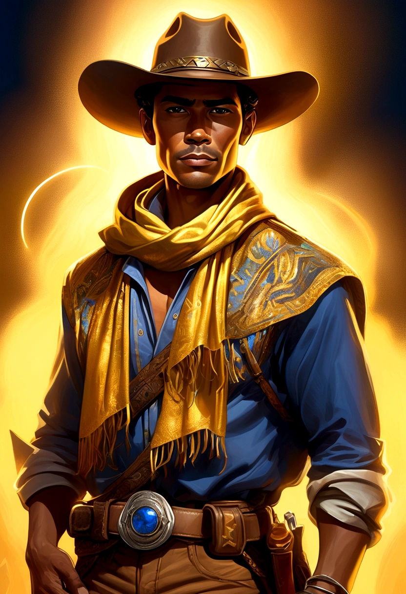 Create a high-resolution, cinematic-quality image with a black background and neon-like smoky lights in gold, dark blue, and silver. The central figure is a robust cowboy with Brazilian indigenous features and tan to reddish skin, standing and looking directly at the viewer. He is shown full-body, wearing a long-sleeved brown shirt, brown leather pants, brown boots with spurs, a wide-brimmed brown hat, a golden scarf, and a wide belt with a large golden buckle. He holds a golden lasso in his right hand, which is extended forward towards the camera.