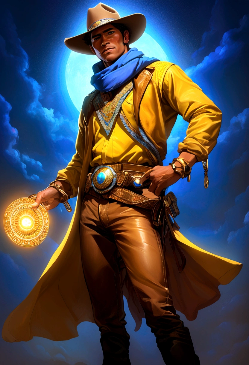 Create a high-resolution, cinematic-quality image with a black background and neon-like smoky lights in gold, dark blue, and silver. The central figure is a robust cowboy with Brazilian indigenous features and tan to reddish skin, standing and looking directly at the viewer. He is shown full-body, wearing a long-sleeved brown shirt, brown leather pants, brown boots with spurs, a wide-brimmed brown hat, a golden scarf, and a wide belt with a large golden buckle. He holds a golden lasso in his right hand, which is extended forward towards the camera.