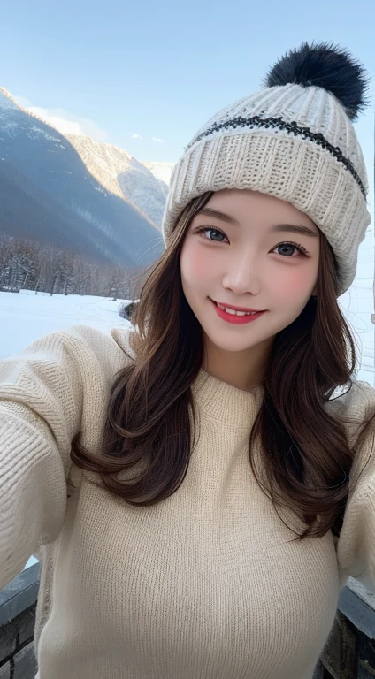 Tabletop, Highest quality, shape, Very detailed, In detail, High resolution, 8k wallpaper, Perfect dynamic composition, Beautiful attention to detail,Medium Hair, Big Breasts, Natural color lip, smile,Selfie,Snow Mountain, snow board, Snowwear, Knitted hat, Stylish