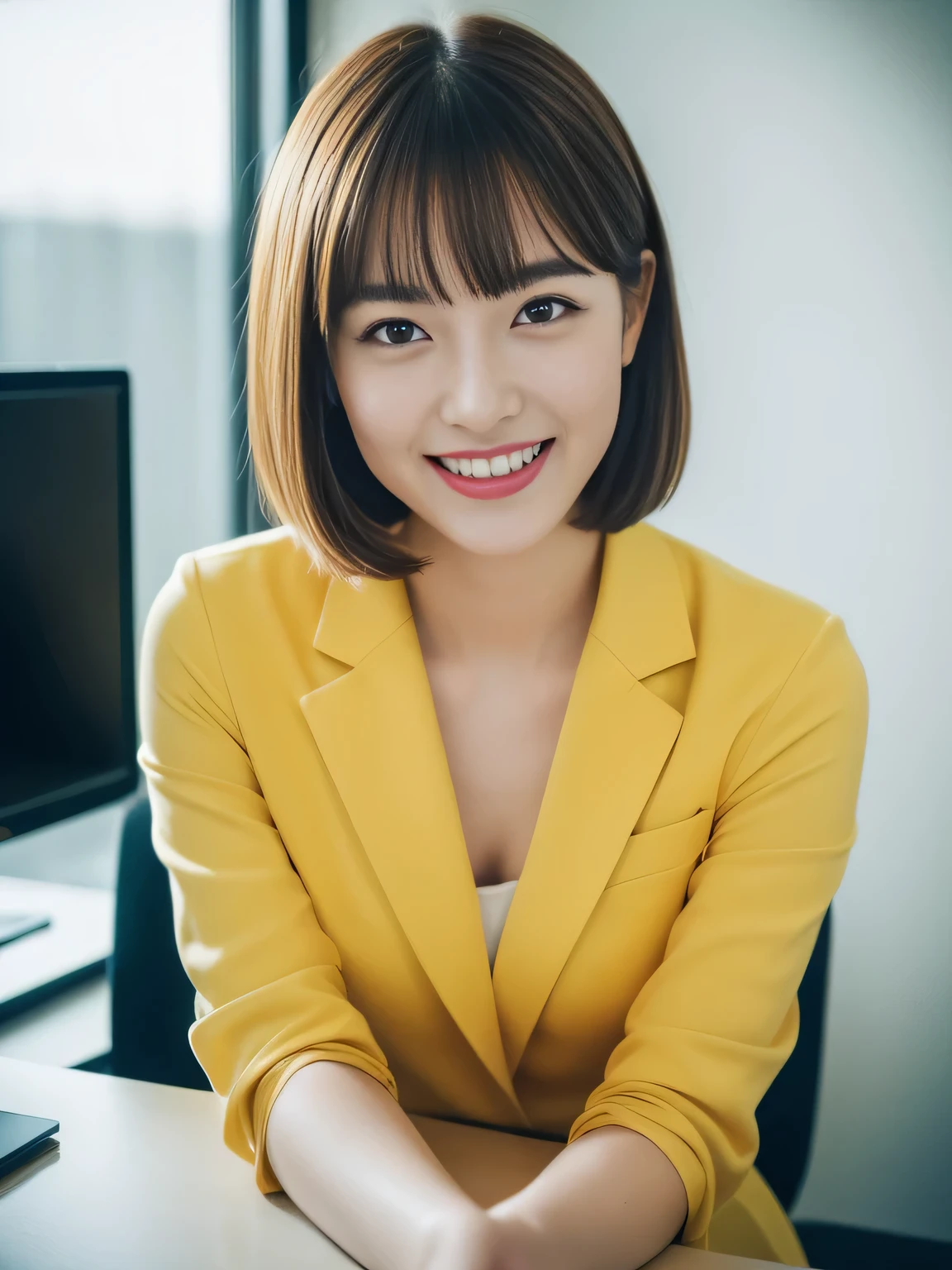 ((Highest quality, 8K, masterpiece: 1.3)), beautiful girl, Pure, Melon face, Kind and cute, sweet smile, Pure desire, Slender body, (front), (Tilt your head), ((Looking into the camera)), Yellow office suit and short skirt, Black Short Hair, Flowing shoulders, big, round, Iris, clear, Big eyes, Moist red lips, sweet, Sitting in the office, Bodies facing random directions, (whole body),