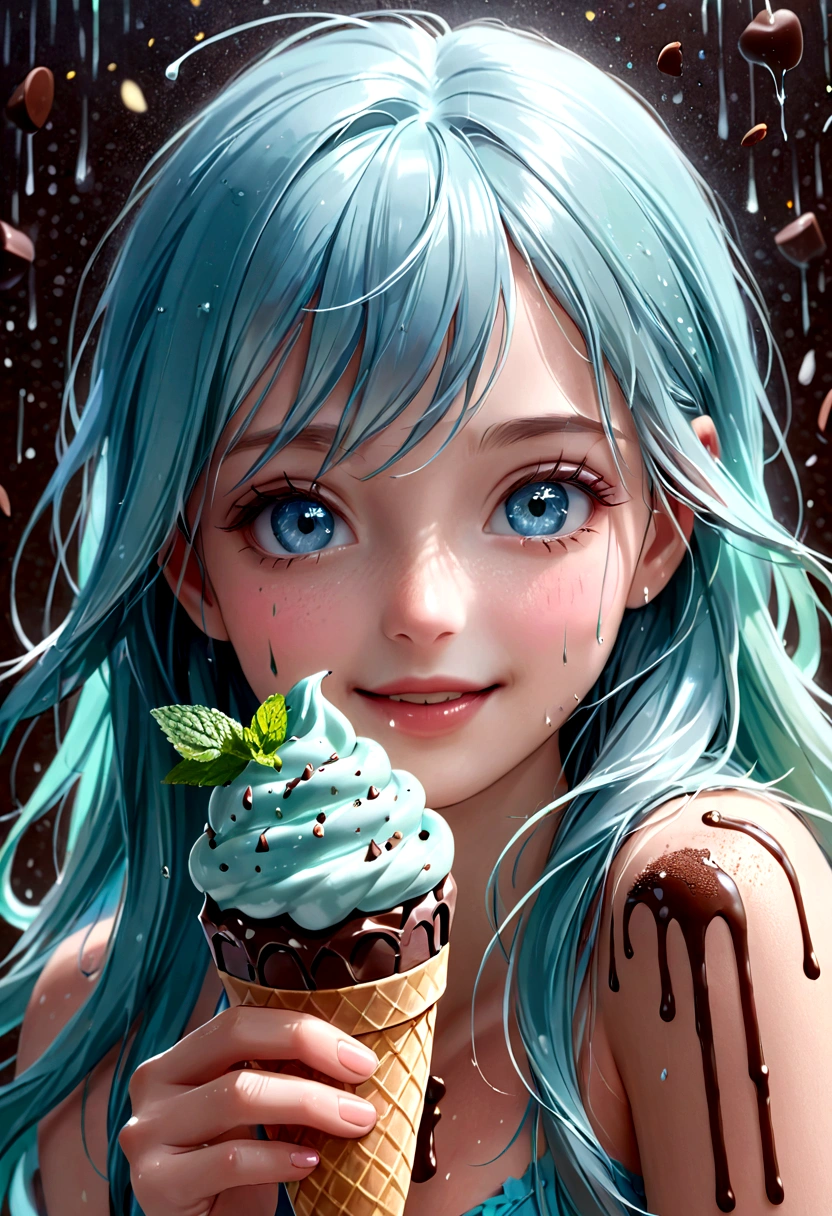 a cute girl with light blue hair and long hair, light blue eyes, eating chocolate mint ice cream, surrounded by chocolate mint ice cream, smiling, with light particles and light showers, (best quality,4k,8k,highres,masterpiece:1.2),ultra-detailed,(realistic,photorealistic,photo-realistic:1.37),extremely detailed eyes and face, beautiful detailed eyes, beautiful detailed lips, longeyelashes,portrait,fantasy,magic,ethereal,whimsical,soft lighting,pastel colors