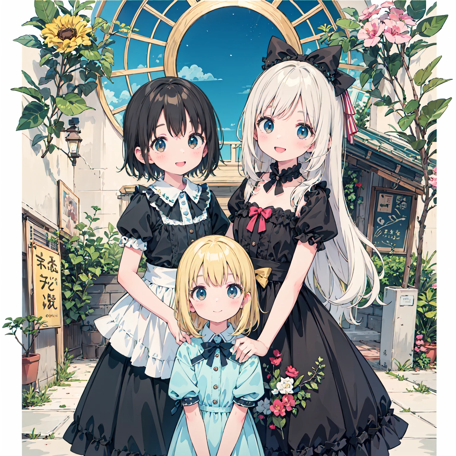 finely detailed illustration, vibrant color, best quality, masterpiece, 8-year-old、pretty girl、vampire、Happy smile、Beautiful background, Four Girls,