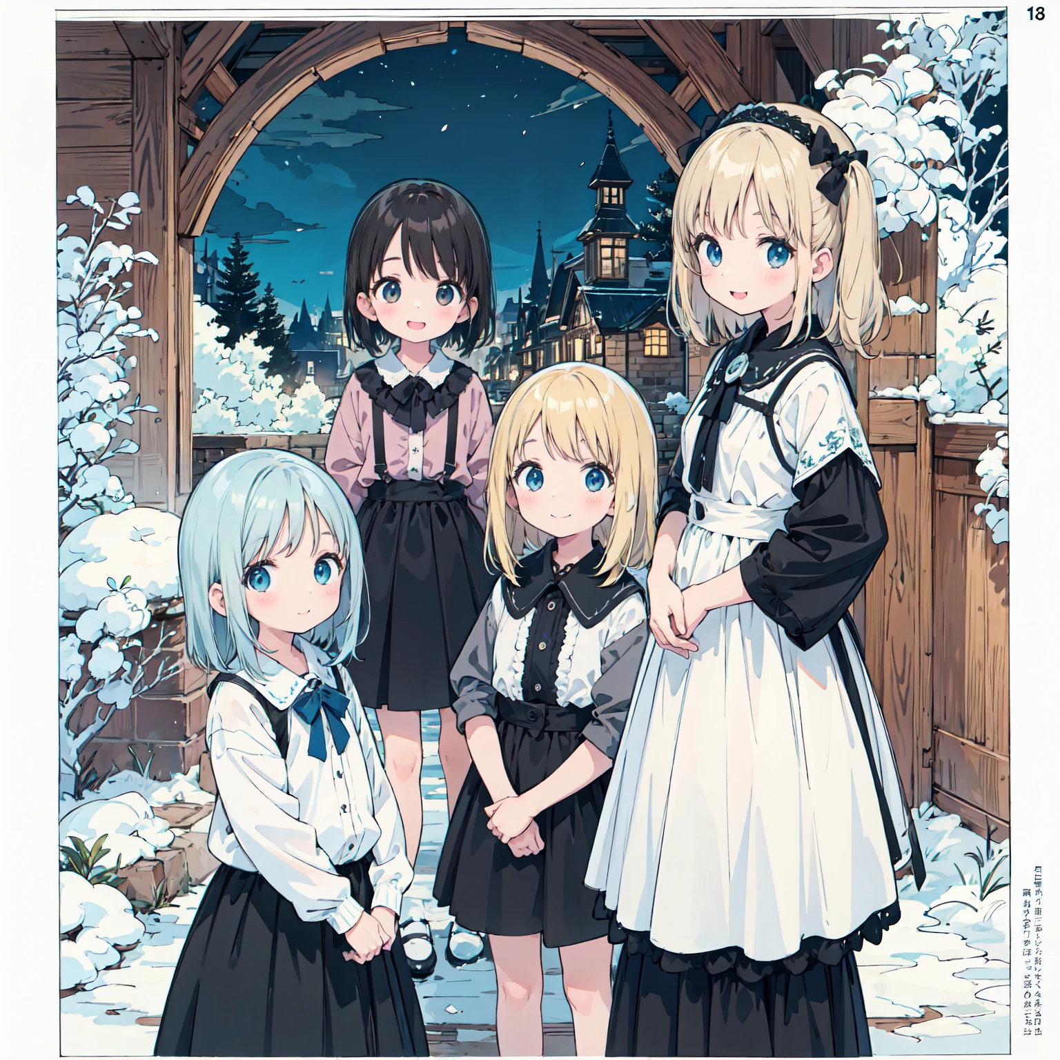 finely detailed illustration, vibrant color, best quality, masterpiece, 8-year-old、pretty girl、vampire、Happy smile、Beautiful background, Four Girls,