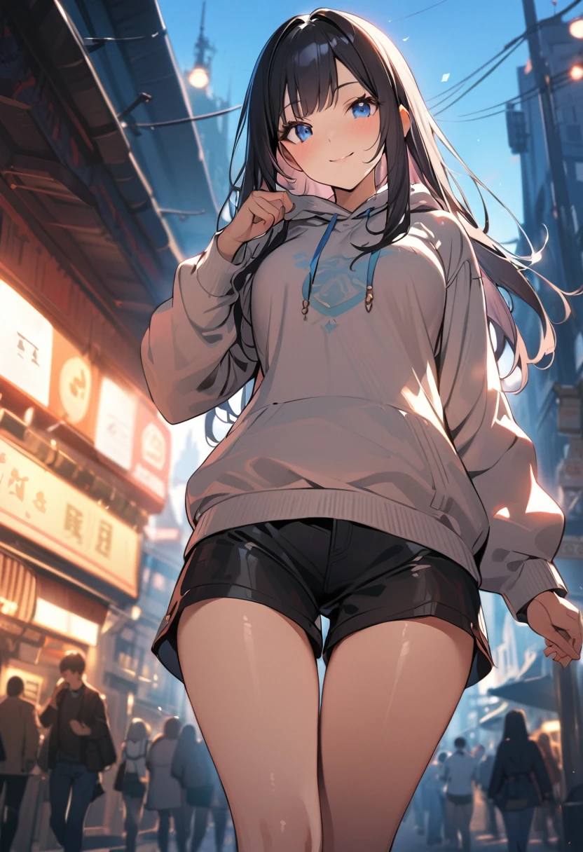 1 girl, long hair, black hair, straight hair, short bangs above brows, blue eyes, thumb up, smile,
BREAK (masterpiece), (high resolution 8K), cinematic lighting, professional lighting, detailed eyes and face, detailed body,
BREAK hoodie, shorts,
BREAK outdoors